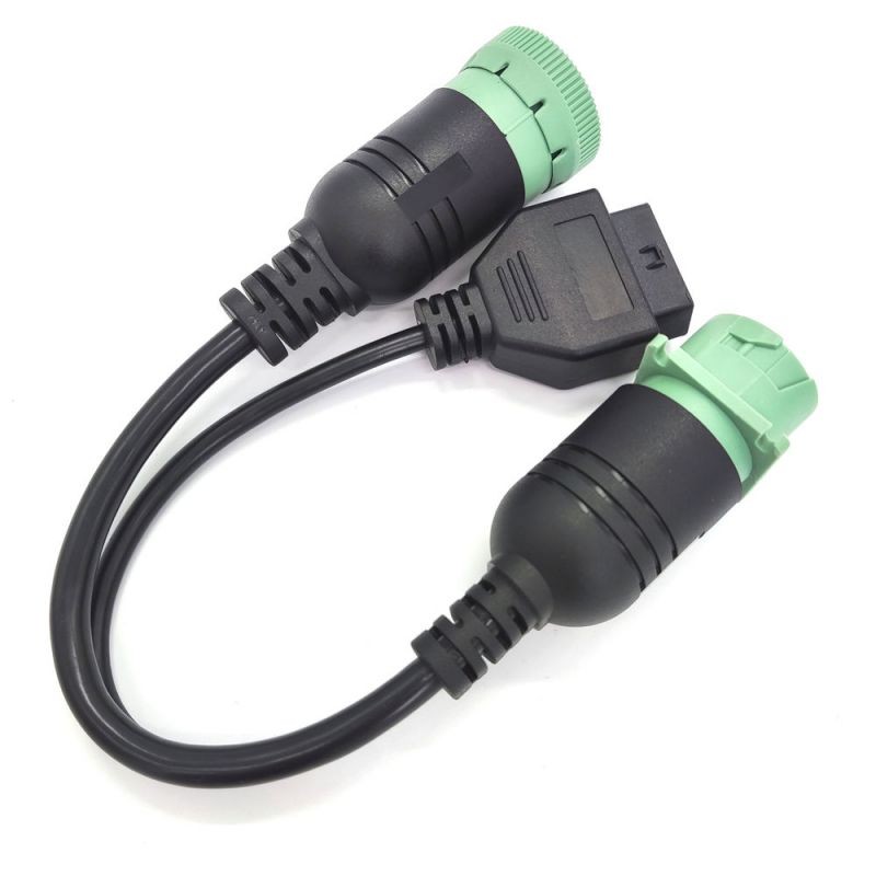 Green Type2 9 Pin J1939 1 Male to 1 Female and 16 Pin OBD2 Female  Deutsch Y Cable  ELD Cable Truck Cable
