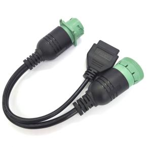 Green Type2 9 Pin J1939 1 Male to 1 Female and 16 Pin OBD2 Female  Deutsch Y Cable  ELD Cable Truck Cable